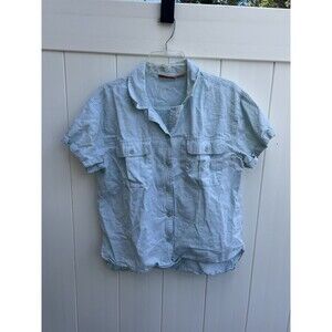 Reel Legends Short Sleeve Button Up Linen Blend Blue Women's Large